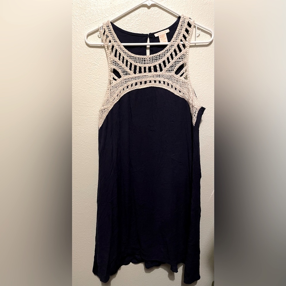 Kiozlyne Brand Navy Blue Dress, Ivory Crocheted Bust Overlay, Junior Medium